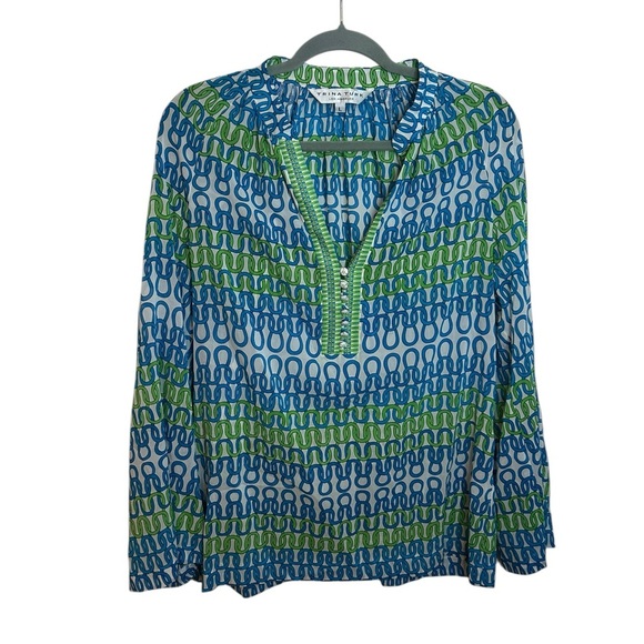 Trina Turk Blue and Green Silk Patterned Blouse - Picture 1 of 3
